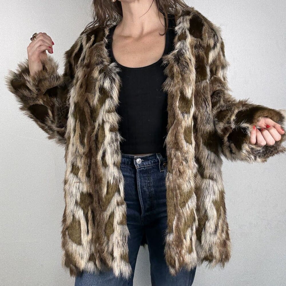 Adrienne Landau Faux Fur Animal Print Coat – Plush Shaggy Jacket Women’s XL